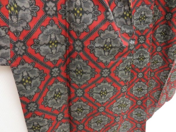 Photo3: 5403T14z690 Vintage Japanese Kimono Silk OSHIMA TSUMUGI Camellia Red (3)