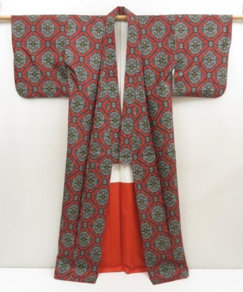 Photo8: 5403T14z690 Vintage Japanese Kimono Silk OSHIMA TSUMUGI Camellia Red (8)