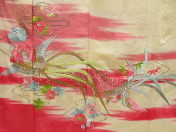 Photo6: 5404T12z1050 Vintage Japanese Kimono Silk FURISODE Phoenix Light cream (6)