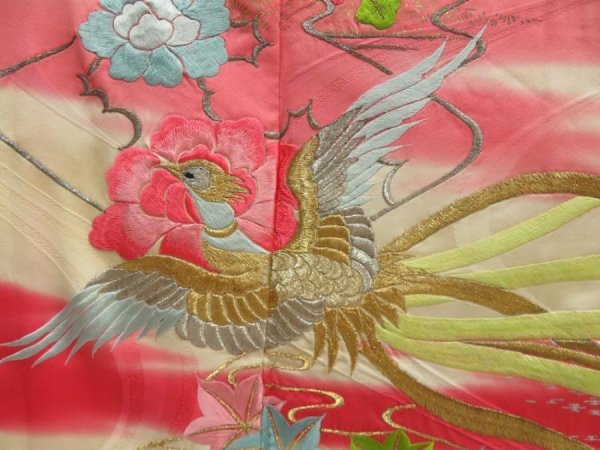 Photo7: 5404T12z1050 Vintage Japanese Kimono Silk FURISODE Phoenix Light cream (7)