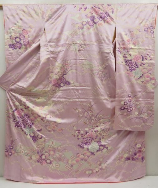 Photo1: 5404T13z1270 Vintage Japanese Kimono Silk FURISODE Peony Light purple (1)