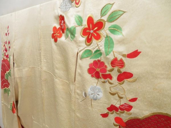 Photo2: 5404T14z1010 Vintage Japanese Kimono Silk FURISODE Chrysanthemum Light cream (2)