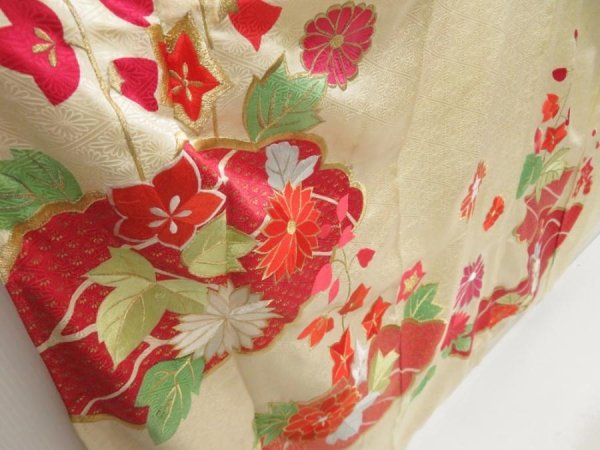 Photo3: 5404T14z1010 Vintage Japanese Kimono Silk FURISODE Chrysanthemum Light cream (3)