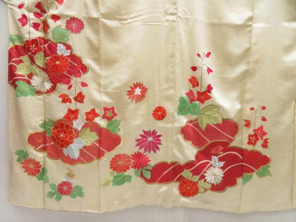 Photo5: 5404T14z1010 Vintage Japanese Kimono Silk FURISODE Chrysanthemum Light cream (5)