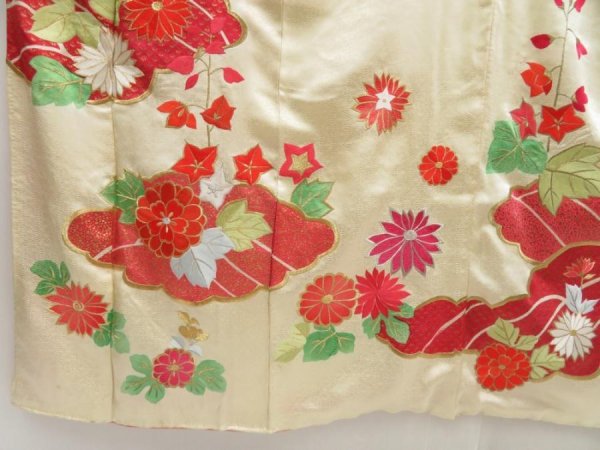 Photo6: 5404T14z1010 Vintage Japanese Kimono Silk FURISODE Chrysanthemum Light cream (6)