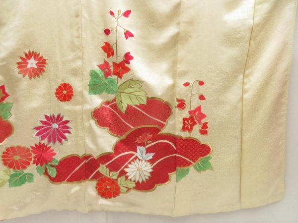 Photo7: 5404T14z1010 Vintage Japanese Kimono Silk FURISODE Chrysanthemum Light cream (7)