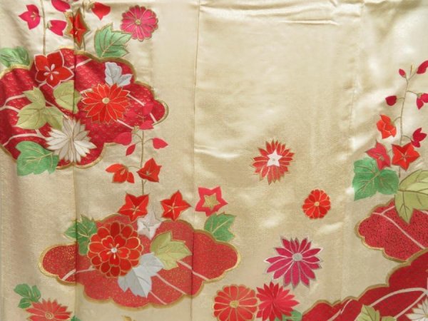 Photo8: 5404T14z1010 Vintage Japanese Kimono Silk FURISODE Chrysanthemum Light cream (8)
