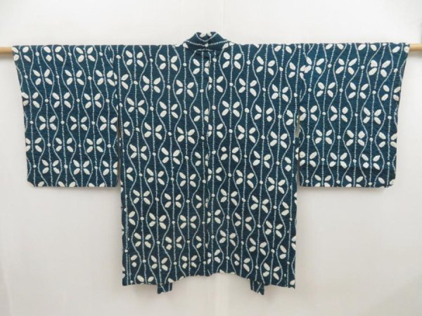 Photo1: 5404T04z500 Vintage Japanese Kimono Silk SHIBORI HAORI  Dark cyan (1)