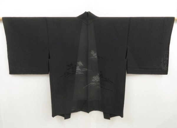Photo1: 5404T05z290 Vintage Japanese Kimono Silk See through HAORI Flower Black (1)