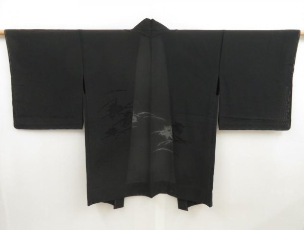 Photo1: 5404T09z300 Vintage Japanese Kimono Silk See through HAORI Flower Black (1)