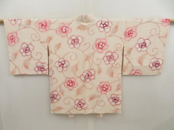 Photo1: 5404T10z650 Vintage Japanese Kimono Silk SHIBORI HAORI Flower Off-white (1)