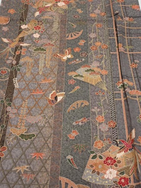 Photo1: 2B02z50  Japanese Kimono Silk  FABRIC Phoenix Gray 39.4x15.2 (1)