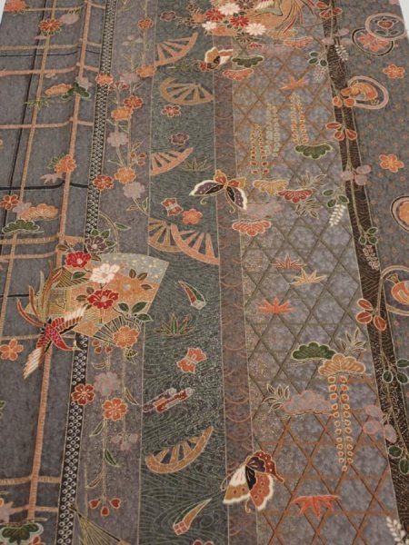 Photo1: 2B05z90  Japanese Kimono Silk  FABRIC Phoenix Gray 68.5x15.0 (1)