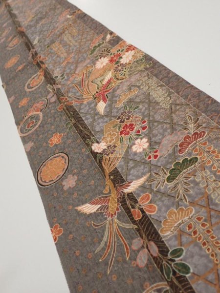 Photo2: 2B10z30  Japanese Kimono Silk  FABRIC Phoenix Gray 36.2x7.5 (2)