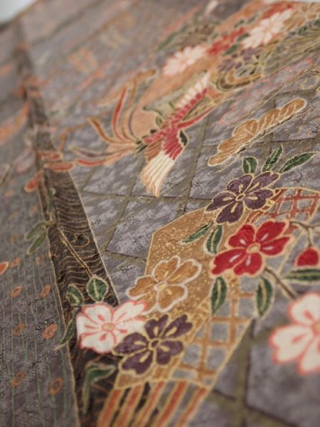 Photo5: 2B10z30  Japanese Kimono Silk  FABRIC Phoenix Gray 36.2x7.5 (5)
