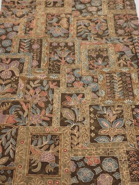 Photo1: 2B01z60  Japanese Kimono Silk  FABRIC Bird Dark brown 39.8x14.6 (1)