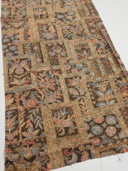 Photo2: 2B02z60  Japanese Kimono Silk  FABRIC Bird Dark brown 39.8x14.8 (2)