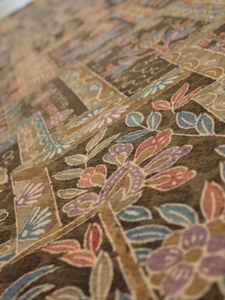 Photo4: 2B02z60  Japanese Kimono Silk  FABRIC Bird Dark brown 39.8x14.8 (4)