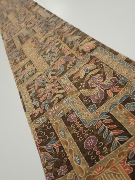 Photo1: 2B07z50  Japanese Kimono Silk  FABRIC Bird Dark brown 59.8x7.7 (1)