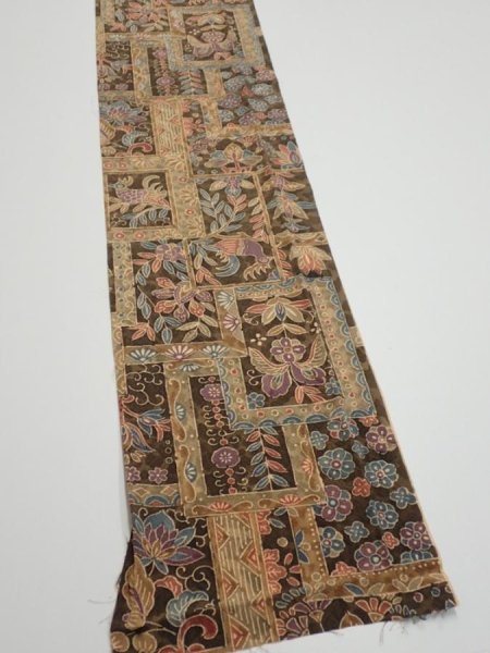 Photo2: 2B08z50  Japanese Kimono Silk  FABRIC Bird Dark brown 59.8x7.7 (2)