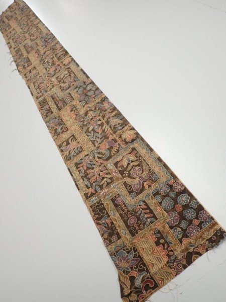 Photo5: 2B08z50  Japanese Kimono Silk  FABRIC Bird Dark brown 59.8x7.7 (5)