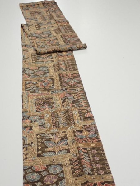 Photo3: 2B09z60  Japanese Kimono Silk  FABRIC Bird Dark brown 83.5x6.9 (3)