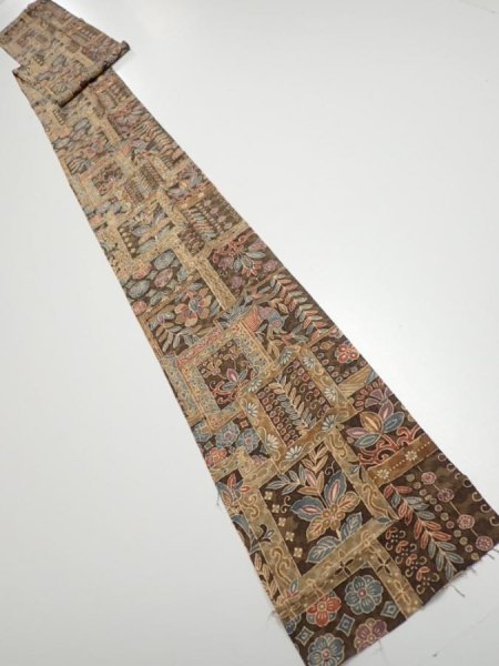 Photo5: 2B09z60  Japanese Kimono Silk  FABRIC Bird Dark brown 83.5x6.9 (5)