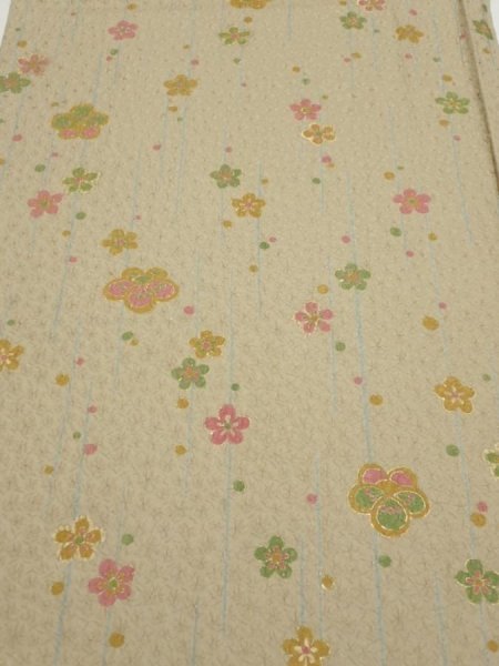 Photo1: 2B02z60  Japanese Kimono Silk  FABRIC Plum blossom Soft olive 42.5x15.0 (1)