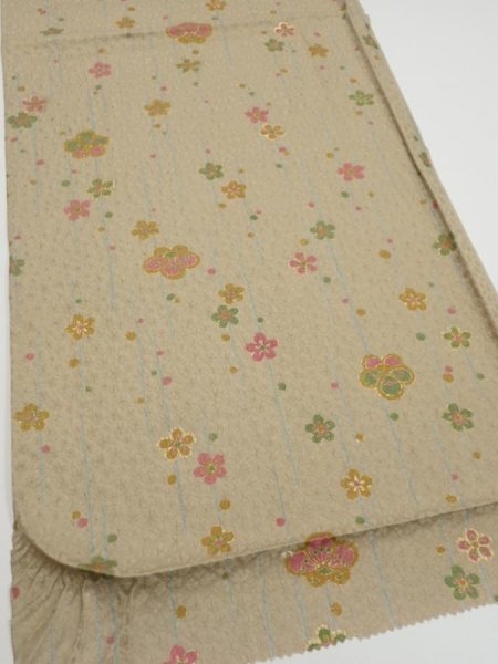 Photo2: 2B02z60  Japanese Kimono Silk  FABRIC Plum blossom Soft olive 42.5x15.0 (2)