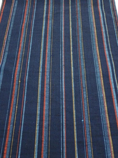 Photo1: 2A01z60  Japanese Kimono Silk TSUMUGI FABRIC Stripe Dark navy 41.7x14.4 (1)