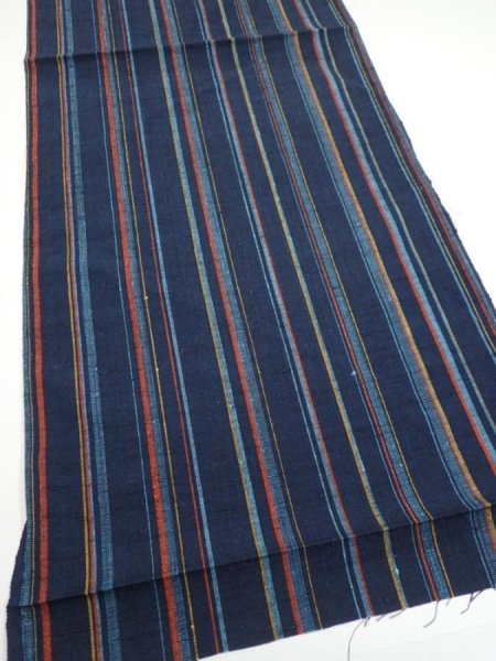 Photo2: 2A01z60  Japanese Kimono Silk TSUMUGI FABRIC Stripe Dark navy 41.7x14.4 (2)