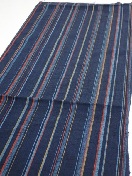 Photo3: 2A01z60  Japanese Kimono Silk TSUMUGI FABRIC Stripe Dark navy 41.7x14.4 (3)
