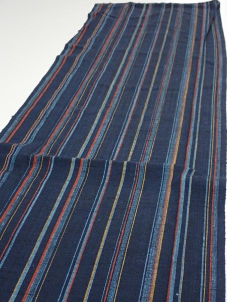 Photo2: 2A05z90  Japanese Kimono Silk TSUMUGI FABRIC Stripe Dark navy 65.4x14.4 (2)