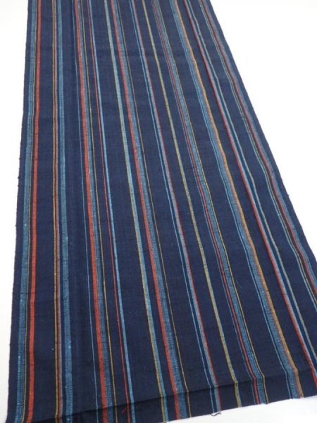 Photo3: 2A05z90  Japanese Kimono Silk TSUMUGI FABRIC Stripe Dark navy 65.4x14.4 (3)