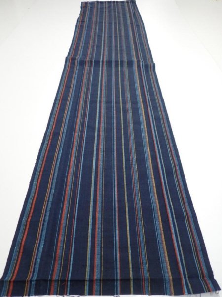 Photo5: 2A05z90  Japanese Kimono Silk TSUMUGI FABRIC Stripe Dark navy 65.4x14.4 (5)