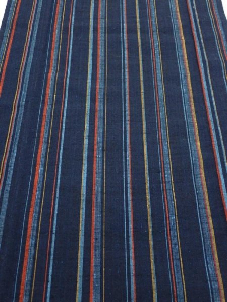 Photo1: 2A06z90  Japanese Kimono Silk TSUMUGI FABRIC Stripe Dark navy 66.1x14.6 (1)