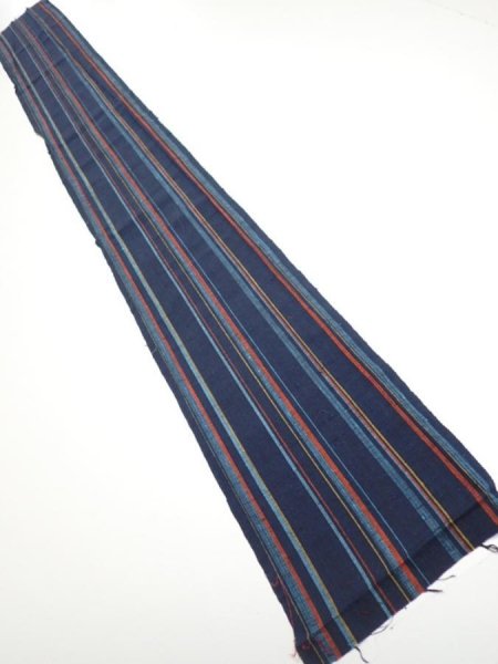 Photo5: 2A08z40  Japanese Kimono Silk TSUMUGI FABRIC Stripe Dark navy 59.1x7.1 (5)