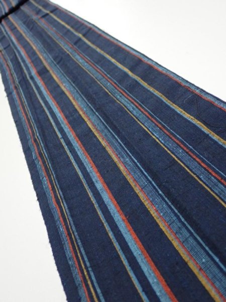 Photo1: 2A09z60  Japanese Kimono Silk TSUMUGI FABRIC Stripe Dark navy 81.1x7.3 (1)