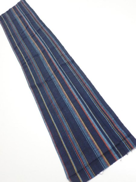 Photo1: 2A10z30  Japanese Kimono Silk TSUMUGI FABRIC Stripe Dark navy 36.6x7.1 (1)