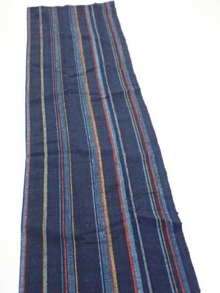 Photo4: 2A10z30  Japanese Kimono Silk TSUMUGI FABRIC Stripe Dark navy 36.6x7.1 (4)