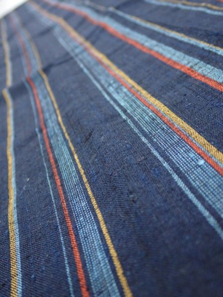 Photo5: 2A10z30  Japanese Kimono Silk TSUMUGI FABRIC Stripe Dark navy 36.6x7.1 (5)