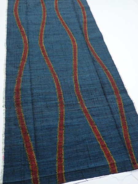 Photo2: 2A05z80  Japanese Kimono Silk TSUMUGI FABRIC Tatewaku Dark cyan 61.8x14.8 (2)