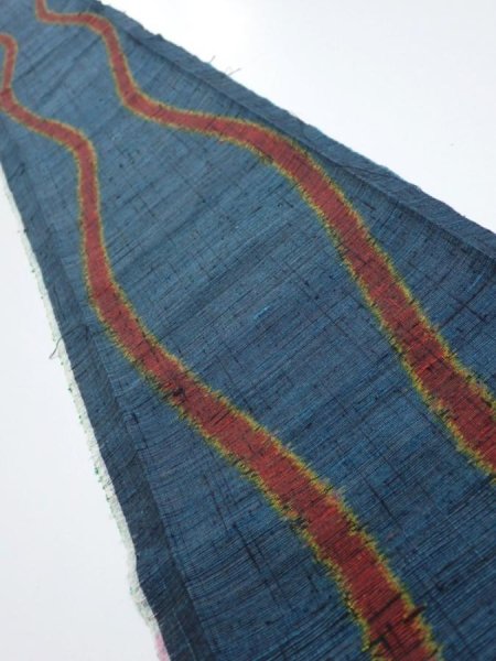 Photo1: 2A08z40  Japanese Kimono Silk TSUMUGI FABRIC Tatewaku Dark cyan 54.7x7.5 (1)