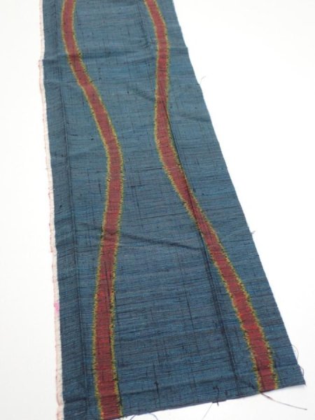 Photo2: 2A10z20  Japanese Kimono Silk TSUMUGI FABRIC Tatewaku Dark cyan 32.3x7.3 (2)