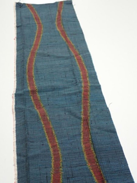 Photo4: 2A10z20  Japanese Kimono Silk TSUMUGI FABRIC Tatewaku Dark cyan 32.3x7.3 (4)