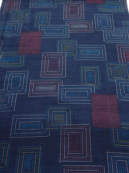 Photo1: 1H01z50  Japanese Kimono Silk TSUMUGI FABRIC  Dark navy 39.4x14.6 (1)