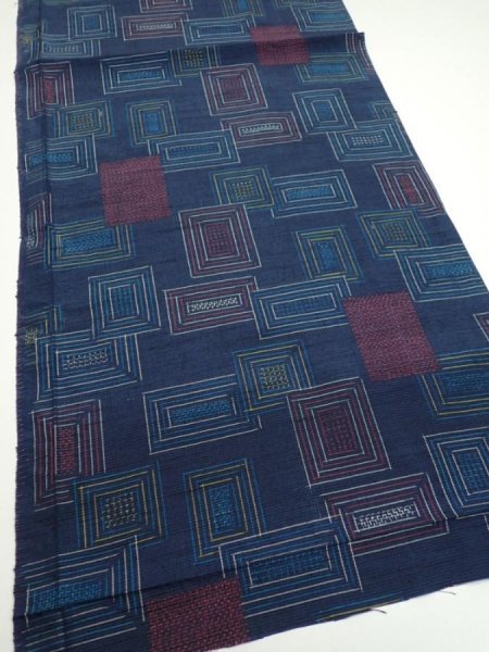 Photo2: 1H01z50  Japanese Kimono Silk TSUMUGI FABRIC  Dark navy 39.4x14.6 (2)