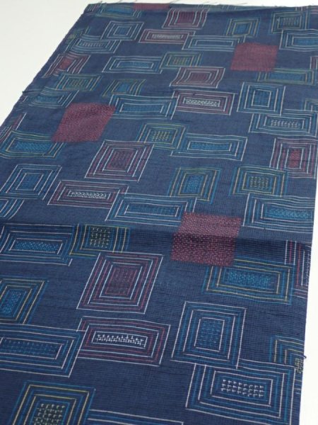 Photo3: 1H02z50  Japanese Kimono Silk TSUMUGI FABRIC  Dark navy 39.4x14.6 (3)
