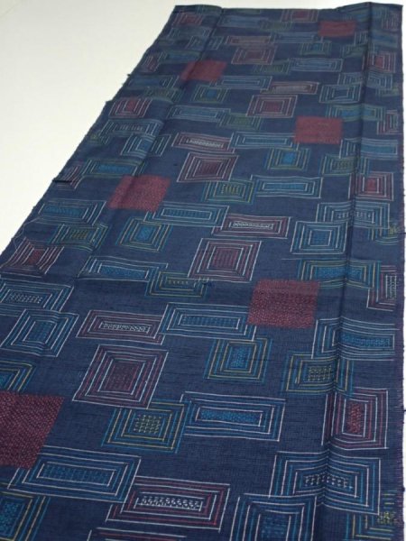 Photo3: 1H03z70  Japanese Kimono Silk TSUMUGI FABRIC  Dark navy 61.4x14.6 (3)