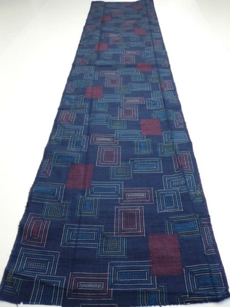 Photo5: 1H05z70  Japanese Kimono Silk TSUMUGI FABRIC  Dark navy 61.8x14.6 (5)